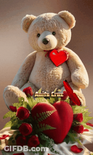 Teddy Bear Holding Red Heart Surrounded By Roses GIF