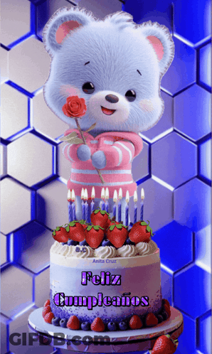 Teddy Bear Holding Rose With Feliz Cumpleaños Cake GIF