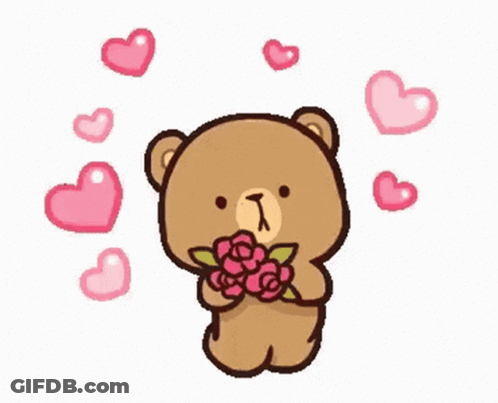 Teddy Bear Holding Roses Surrounded By Pink Hearts GIF