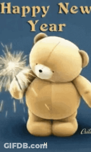 Teddy Bear Holding Sparkler Saying Happy New Year GIF