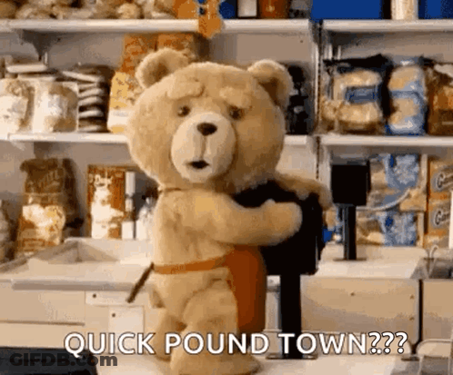 Teddy Bear In Apron Holding Black Object GIF