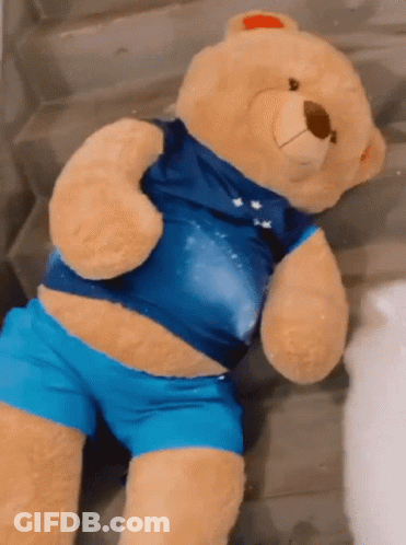 Teddy Bear In Blue Shirt And Shorts Sitting On Stairs GIF