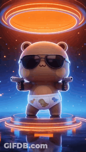 Teddy Bear In Diapers And Sunglasses Holding Two Guns GIF