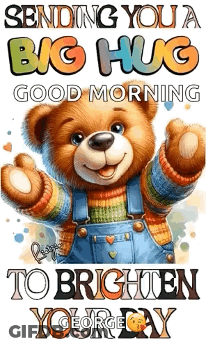 Teddy Bear In Overalls And Colorful Sweater GIF