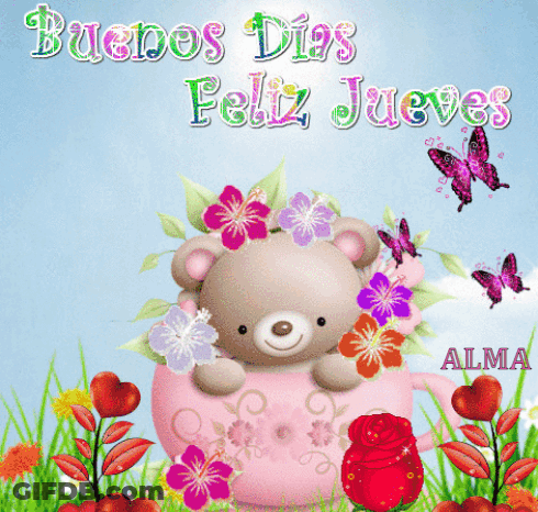Teddy Bear In Pink Teacup Says Buenos Dias GIF