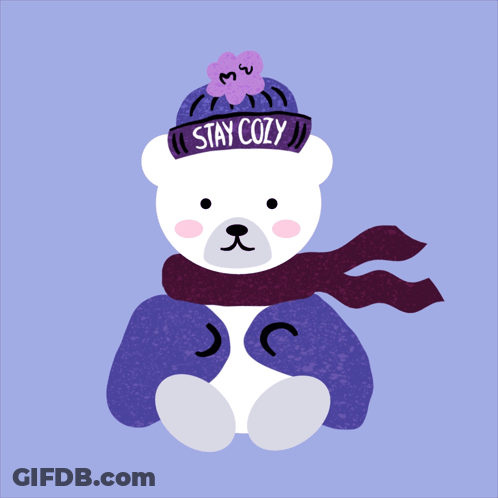 Teddy Bear In Purple Hat And Scarf Saying Stay Cozy GIF