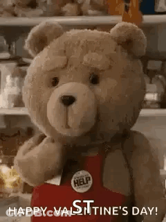 Teddy Bear In Red Apron By Refrigerator GIF