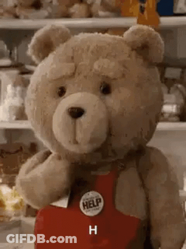 Teddy Bear In Red Apron With Help Button GIF
