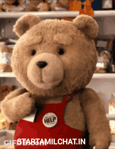 Teddy Bear In Red Apron With Help Button GIF
