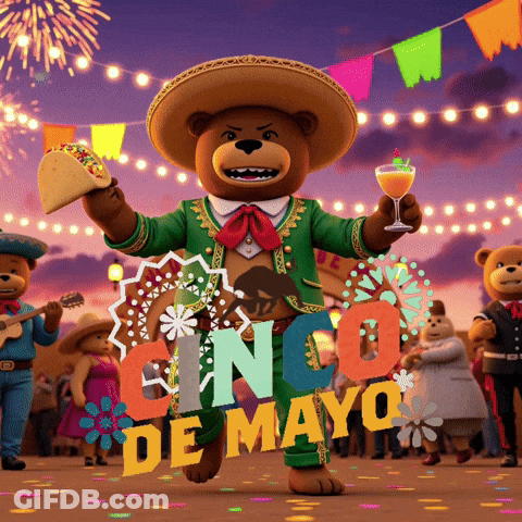 Teddy Bear In Sombrero Holding Taco And Wine GIF