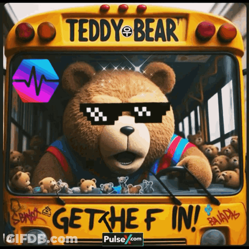Teddy Bear In Sunglasses On School Bus Saying Get The F In GIF
