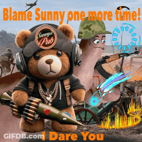 Teddy Bear In Sunny's Pub Hat Holding Rocket GIF