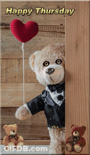 Teddy Bear In Tuxedo Holding Heart Balloon Saying Happy Thursday GIF