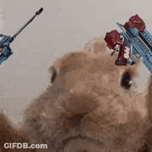 Teddy Bear Looking At Sniper Rifle With Red Barrel GIF