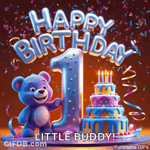 Teddy Bear Next To Birthday Cake GIF