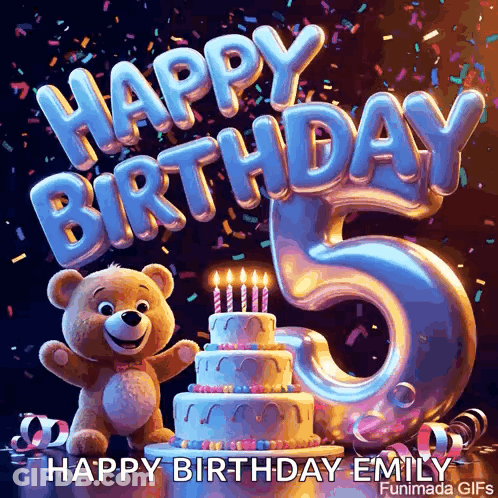 Teddy Bear Next To Birthday Cake Saying Happy Birthday Emily GIF