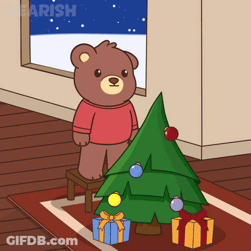 Teddy Bear Next To Christmas Tree And Gifts GIF