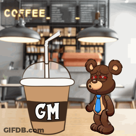 Teddy Bear Next To Coffee Cup Saying GM GIF