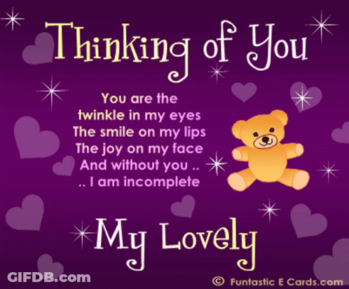 Teddy Bear On Purple Background Saying Thinking Of You GIF
