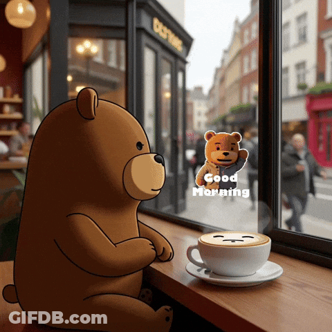 Teddy Bear On Window Sill Next To Cup Of Coffee Good Morning GIF