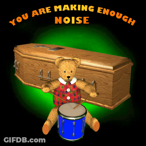 Teddy Bear Playing Drum In Front Of Coffin GIF