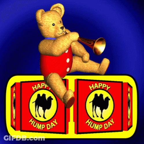 Teddy Bear Playing Trumpet With Happy Humps Day Boxes GIF