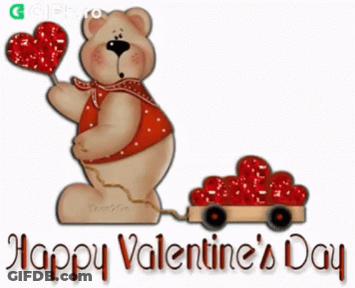 Teddy Bear Pulling Wagon Of Hearts Happy Valentine's Day GIF