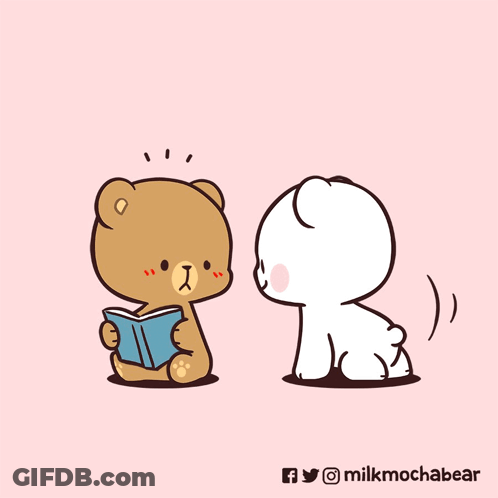 Teddy Bear Reading Book Next To White Bear GIF