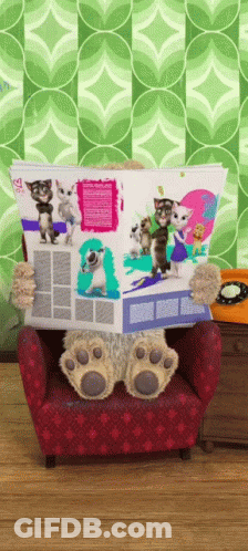 Teddy Bear Reading Magazine With Cats GIF