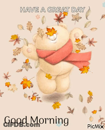 Teddy Bear Scarf Says Good Morning Among Leaves GIF