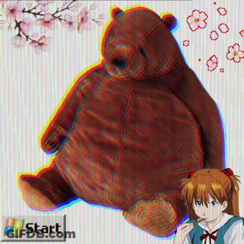 Teddy Bear Sits Next To Girl With Start Button GIF