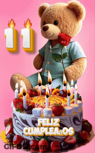 Teddy Bear Sitting On Cake Feliz Cumpleaños GIF