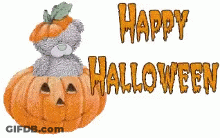 Teddy Bear Sitting On Pumpkin Saying Happy Halloween GIF