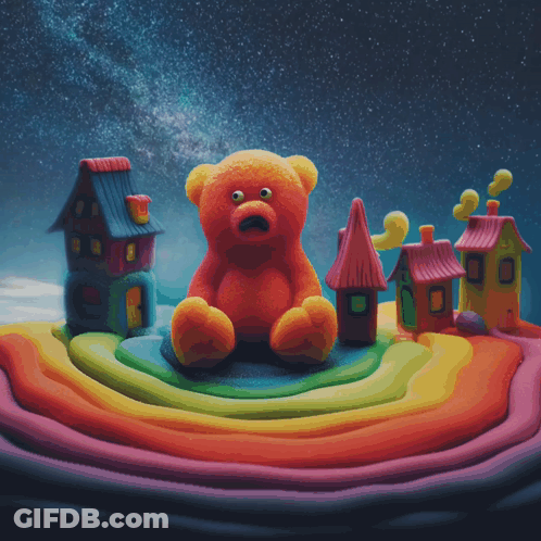 Teddy Bear Sitting On Rainbow Surrounded By Small Houses GIF