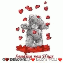 Teddy Bear Sitting On Red Hearts Sending You Hugs Miss You Love You GIF