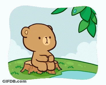 Teddy Bear Sitting On Tree Stump By Water GIF