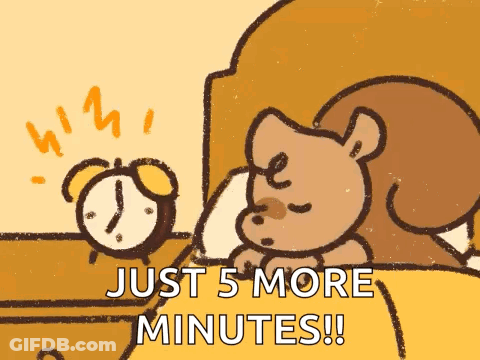 Teddy Bear Sleeping Next To Alarm Clock Saying Just 5 More Minutes GIF