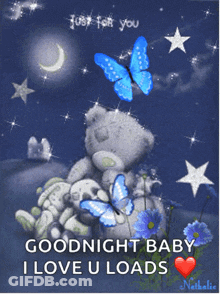 Teddy Bear Surrounded By Blue Butterflies Goodnight Baby GIF