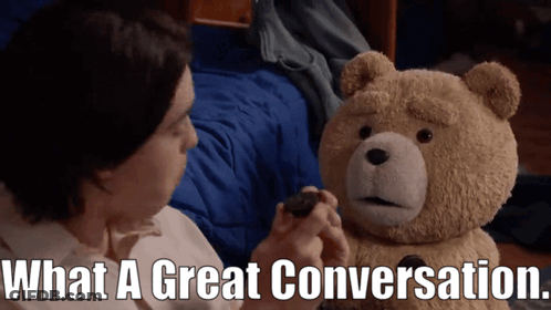 Teddy Bear Talking To Boy Holding Cookie What A Great Conversation GIF