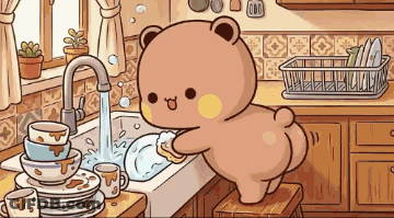 Teddy Bear Washing Dishes In Kitchen Sink GIF