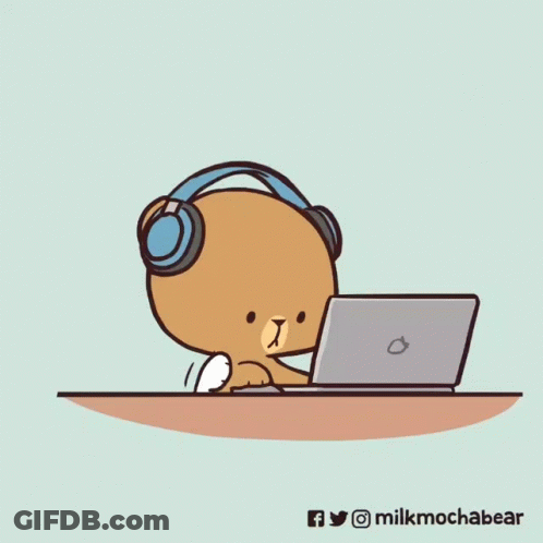Teddy Bear Wearing Headphones And Laptop Says Gimme Attention GIF
