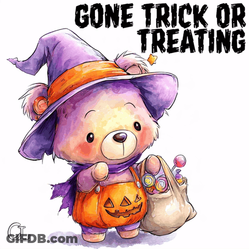 Teddy Bear Witch Holding Candy Bag And Pumpkin GIF
