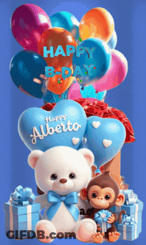 Teddy Bear With Blue Bow Surrounded By Balloons And Gifts GIF