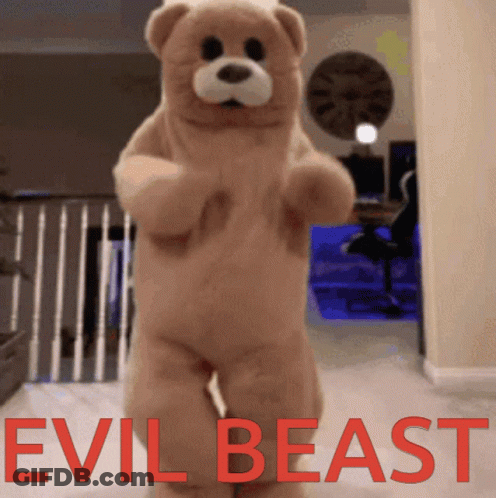 Teddy Bear With Evil Beast Written In Red GIF