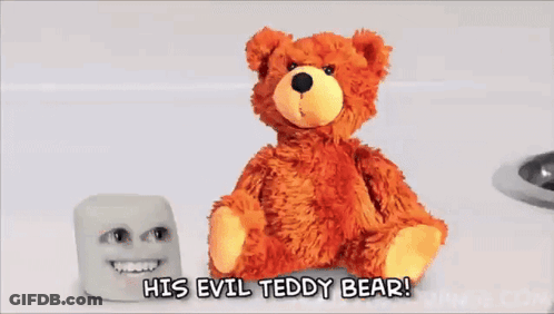 Teddy Bear With Horns Next To Marshmallow His Evil Teddy Bear GIF