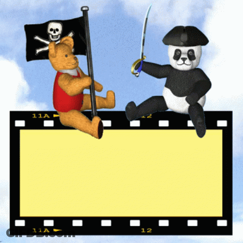 Teddy Bear With Pirate Flag And Panda Bear With Sword GIF