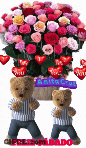 Teddy Bears Next To Roses GIF