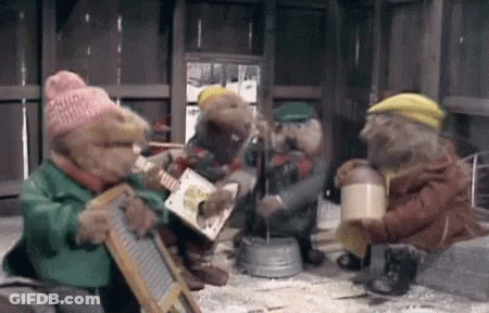 Teddy Bears Playing Instruments In Shed GIF