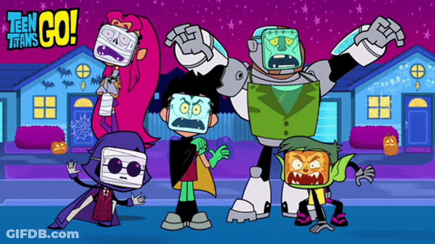 Teen Titans Go Characters Wearing Halloween Mask GIF