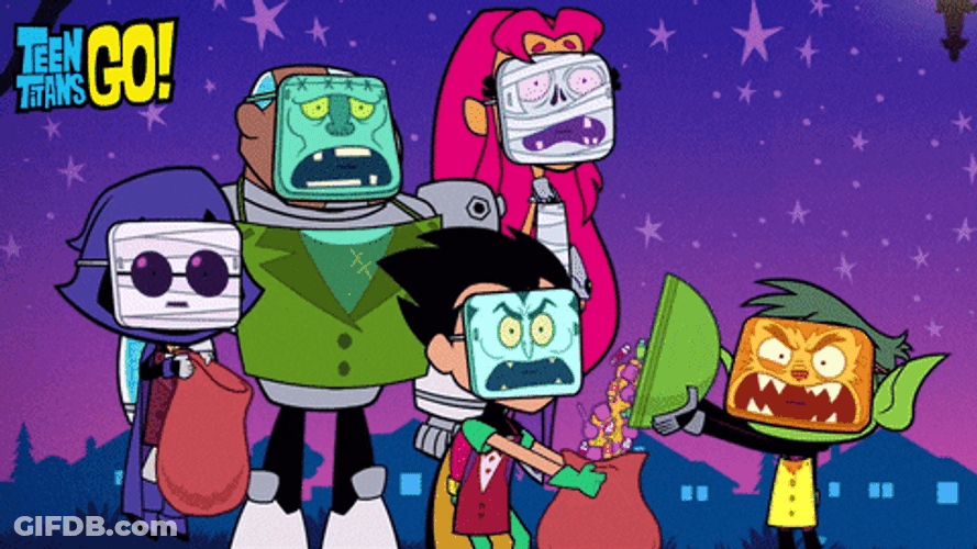 Teen Titans Go Characters Wearing Scary Masks GIF